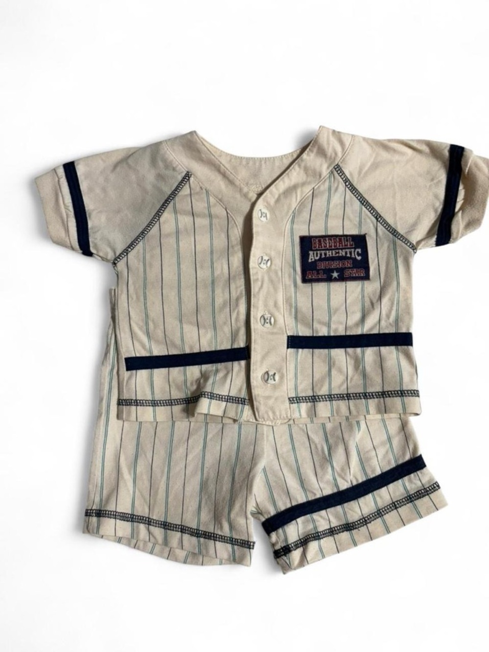 Vintage 80’s Baseball Authentic Baby Short Set in Cream with Navy Trim